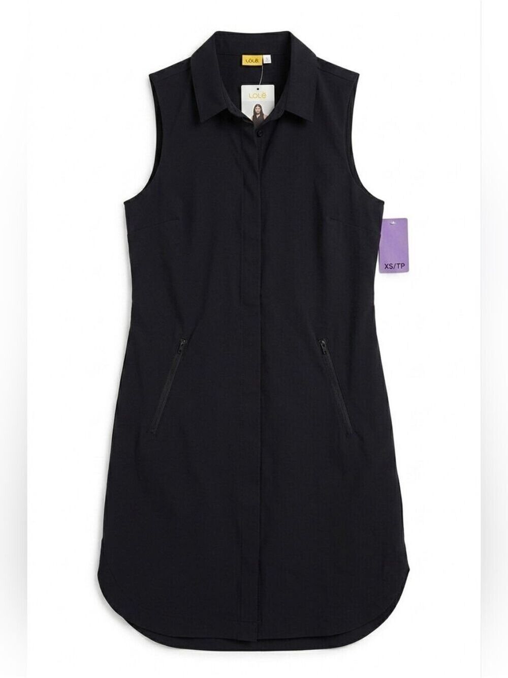 Lole Black Sleeveless Button Down Mini Dress with Collar, Pockets, NWT, XS